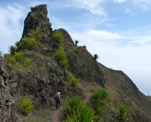 L'excursion commence à Cova, cratère transformé en champs, puis débute la fameuse randonnée aux 77 virages par des chemins sinueux à travers la vallée sur l'île de Santo Antão
