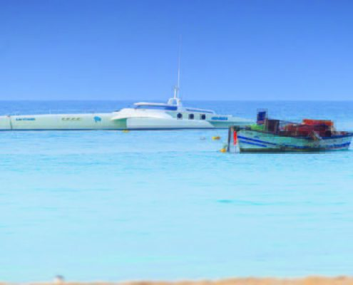 Promenade en trimaran jusqu’à l’île de Boa Vista où vous effectuerez une excursion d’une journée entière avec déjeuner, passant par les points d’intérêts de l’île